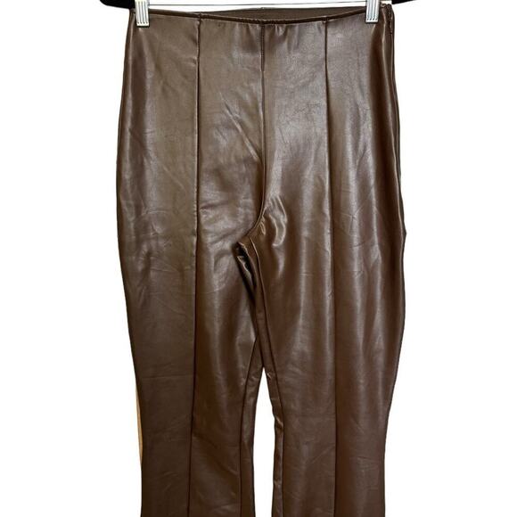 Abercrombie And Fitch Vegan Leather Pants Flare Slim Split Hem Dark Brown Size M - Picture 3 of 10